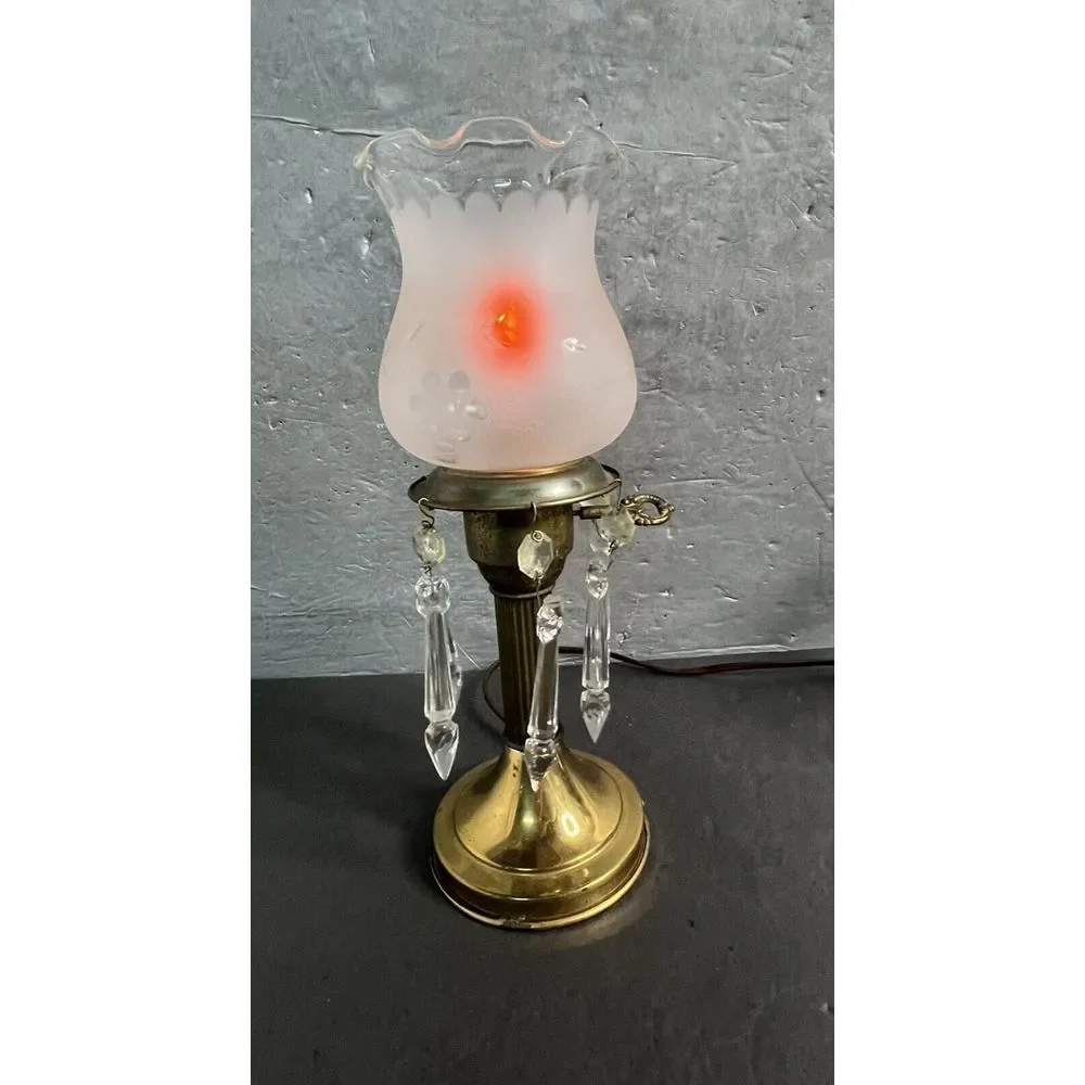 Vintage Astral Brass Boudoir Lamp Crystal Prism Drops Glass Shade Electric